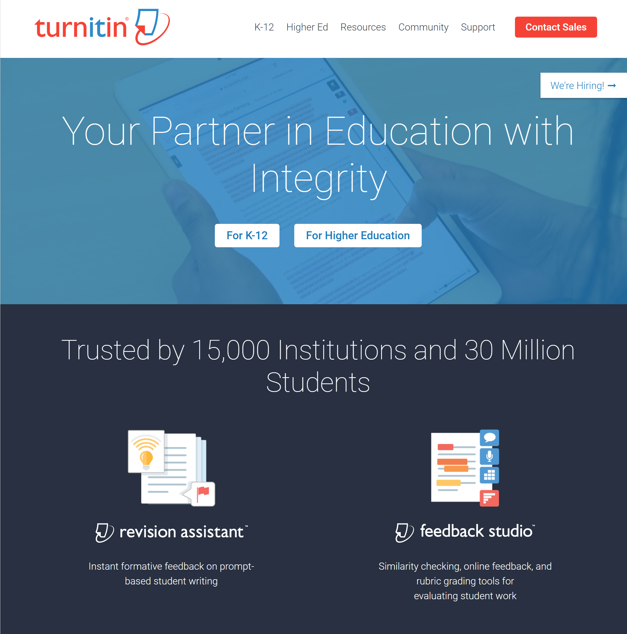 Screenshot of Turnitin main page as of June 2017; relevant content discussed in article text