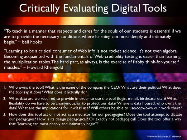 Critically evaluating digital tools activity; questions (included in text below) on a rainbow background