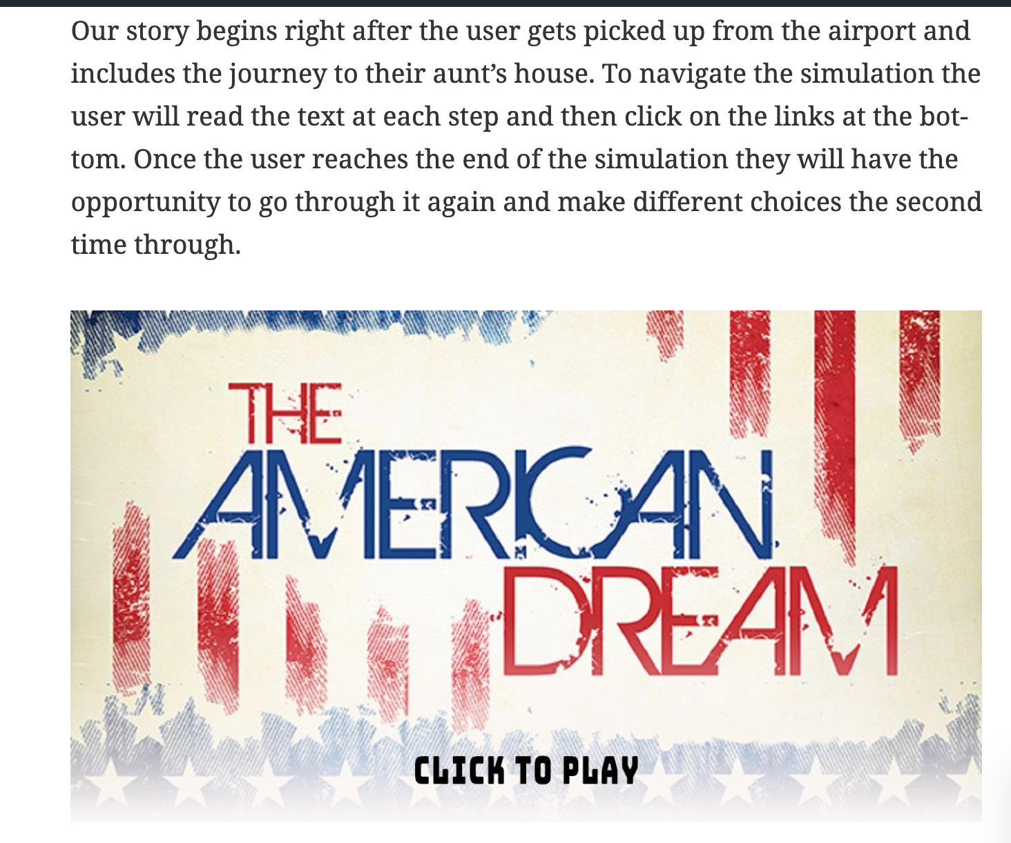 "Click to Play" panel displays below this text: “Our story begins right after the user gets picked up from the airport and includes the journey to their aunt's house.”