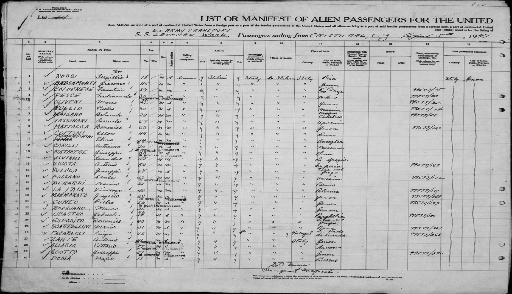 Visible title: “List or Manifest of Alien Passengers for the United”