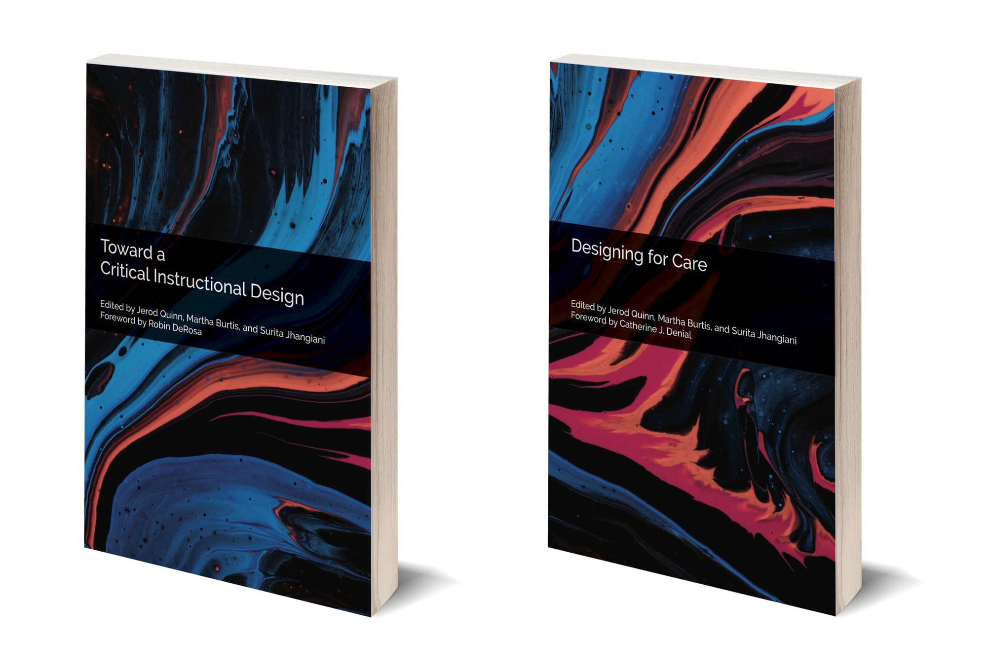 The cover of two books with oil swirled on the front cover designs