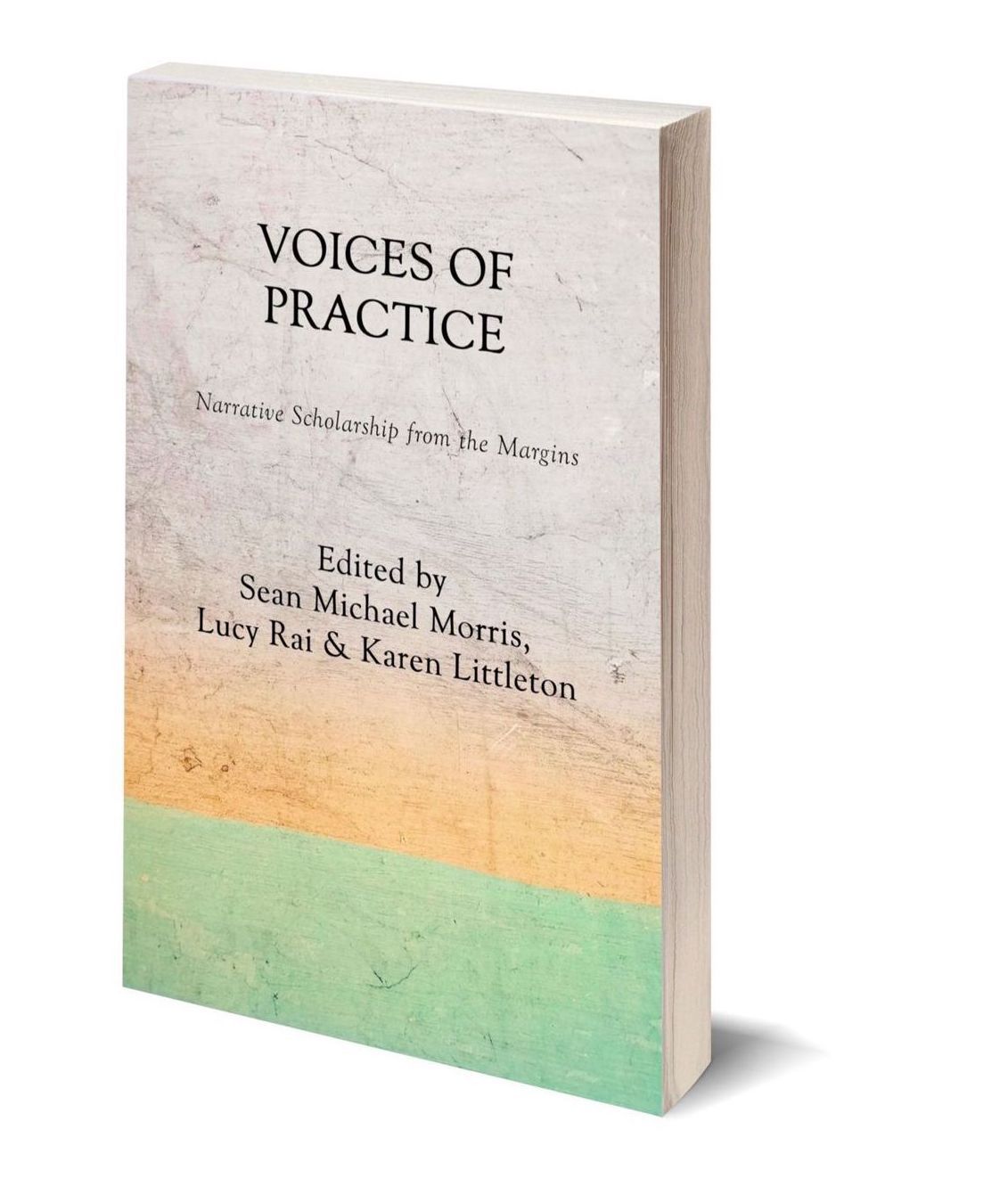 The cover of Voices of Practice with three colors tan, yellow, and green in stripes against a weathered page