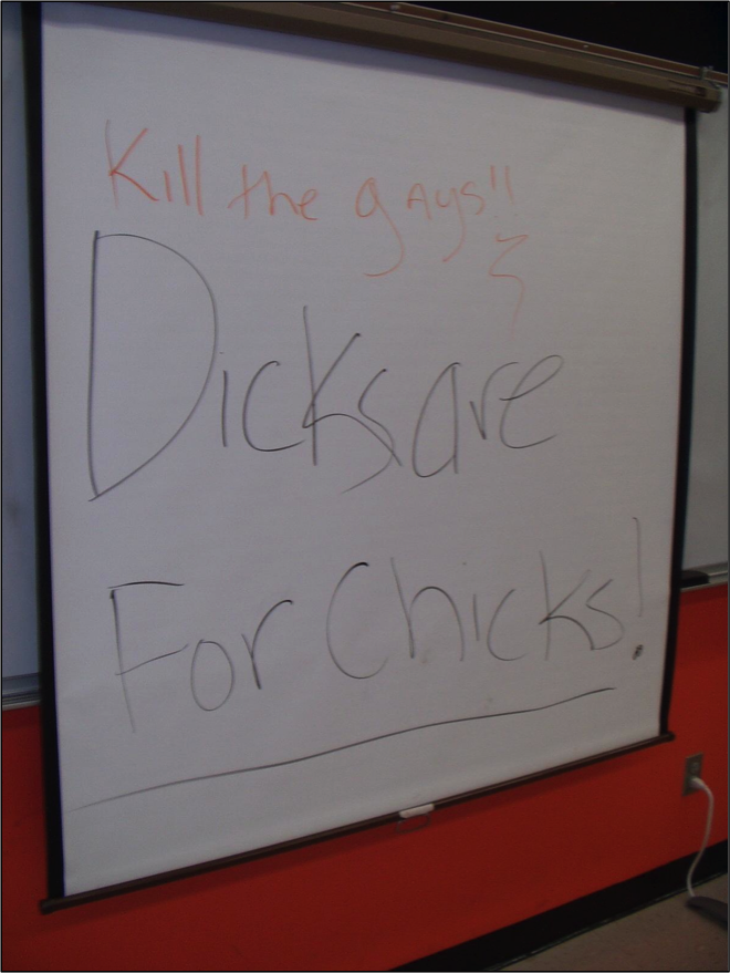 Projector screen with hand-written vandalism in thin-line marker: Kill the gays!! Dicks are For Chicks!