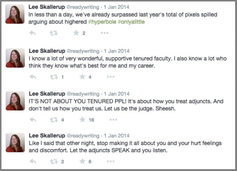 Tweets from Lee Skallerup Bessette advocating for tenured faculty to listen to the complaints and needs of adjuncts.
