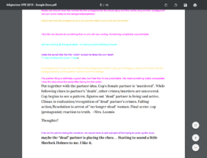 Screenshot of a Google Doc; student text in four different colors; teacher responses in black